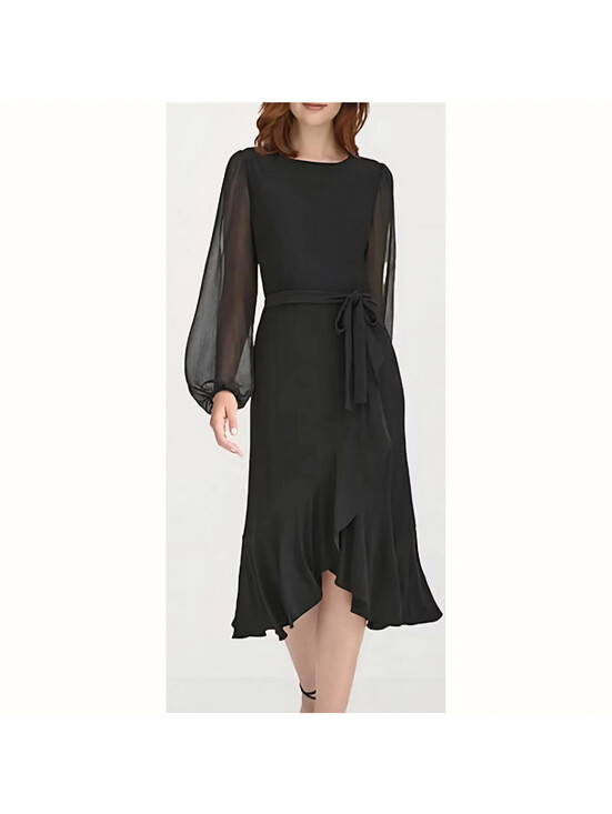 Marc New York Dresses & Skirts - Black Chiffon Bishop Sleeve Asymmetrical Tie Midi Dress Sz 14 Goth Dark Coquette